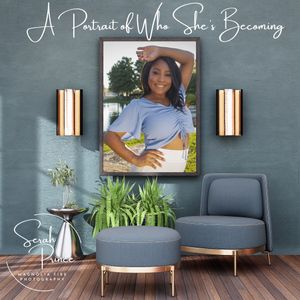 Modern interior design mockup with gray armchair, copper sconces, and framed portrait on blue-gray textured wall.