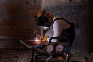 Sparks fly as a welder works on metal fabrication in a dimly lit workshop with brick walls.