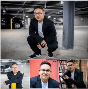Urban photography session in modern parking garage featuring professional business attire and dramatic lighting.