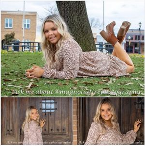 Woman in leopard print dress poses outdoors on grass in a series of lifestyle photography shots.