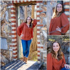 Lifestyle photoshoot featuring rustic brick architecture and autumn fashion in warm earth tones.