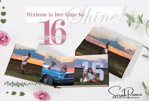 Sweet sixteen photo collage with vintage blue car and sunset photos decorated with pink roses and greenery.