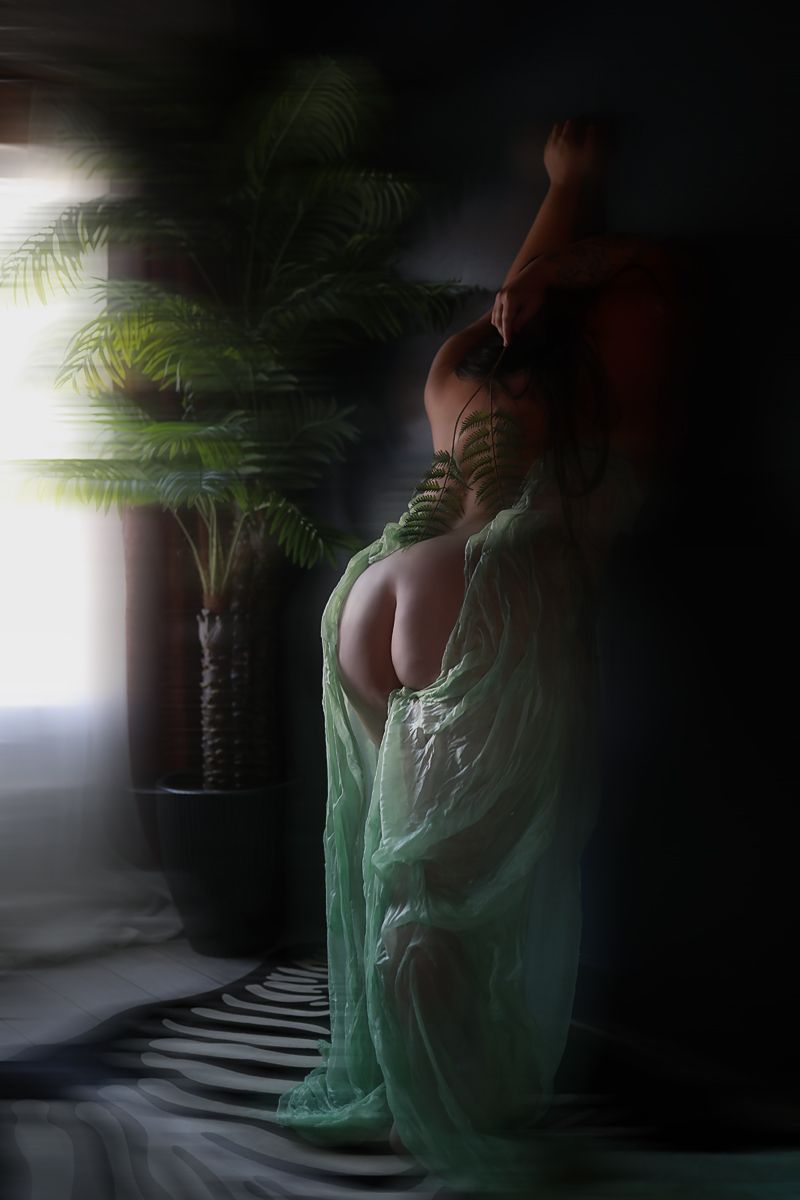 A woman draped in sheer green fabric poses gracefully beside a potted palm plant in a dimly lit room.