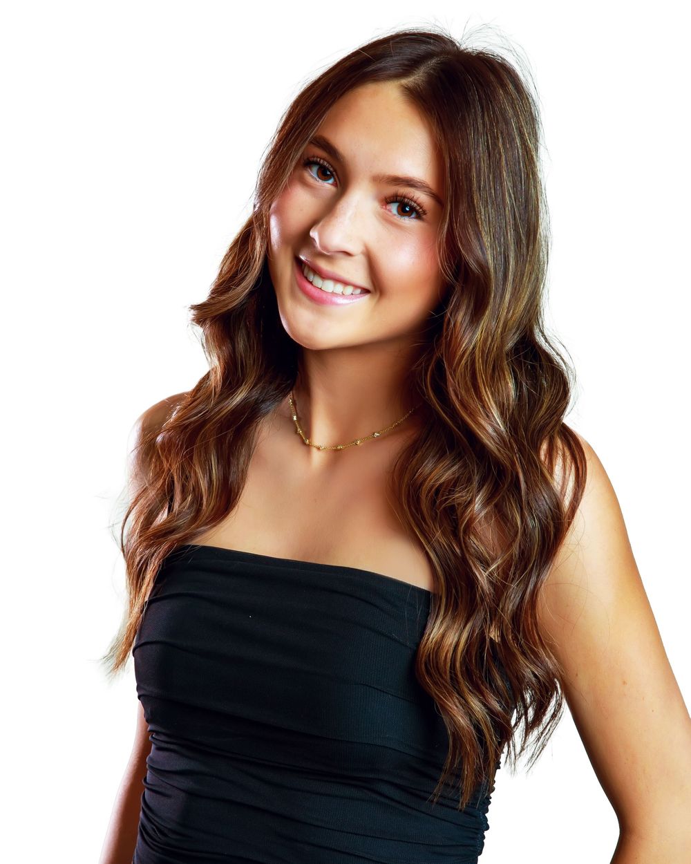 Four headshots of someone wearing a black top with wavy brown hair and a bright smile against a white background.
