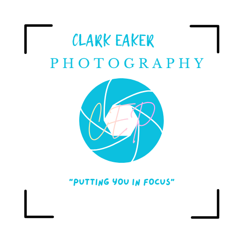 Blue and black business logo for Clark Faker Photography with circular design element.