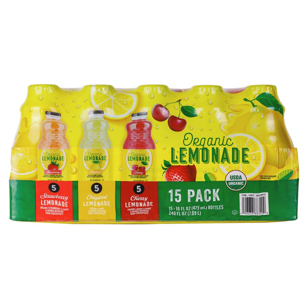 Variety pack of bottled lemonades in different flavors on yellow background.