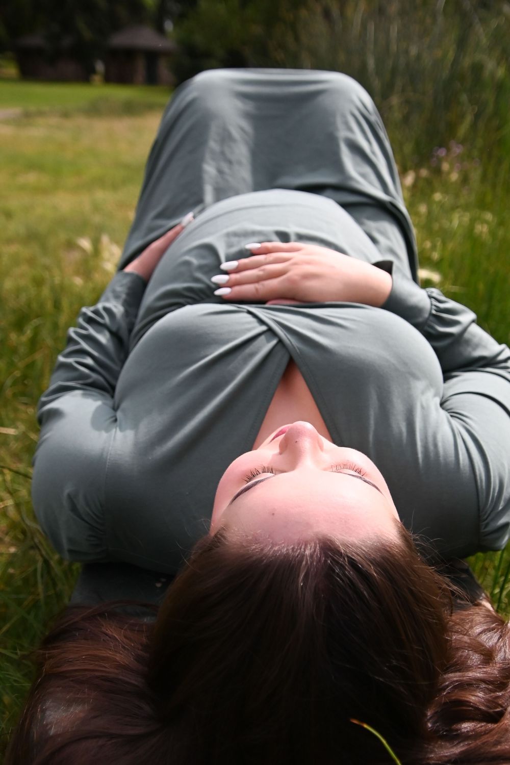 Sequence of artistic photos showing person lying in grass with eyes closed in contemplative poses.