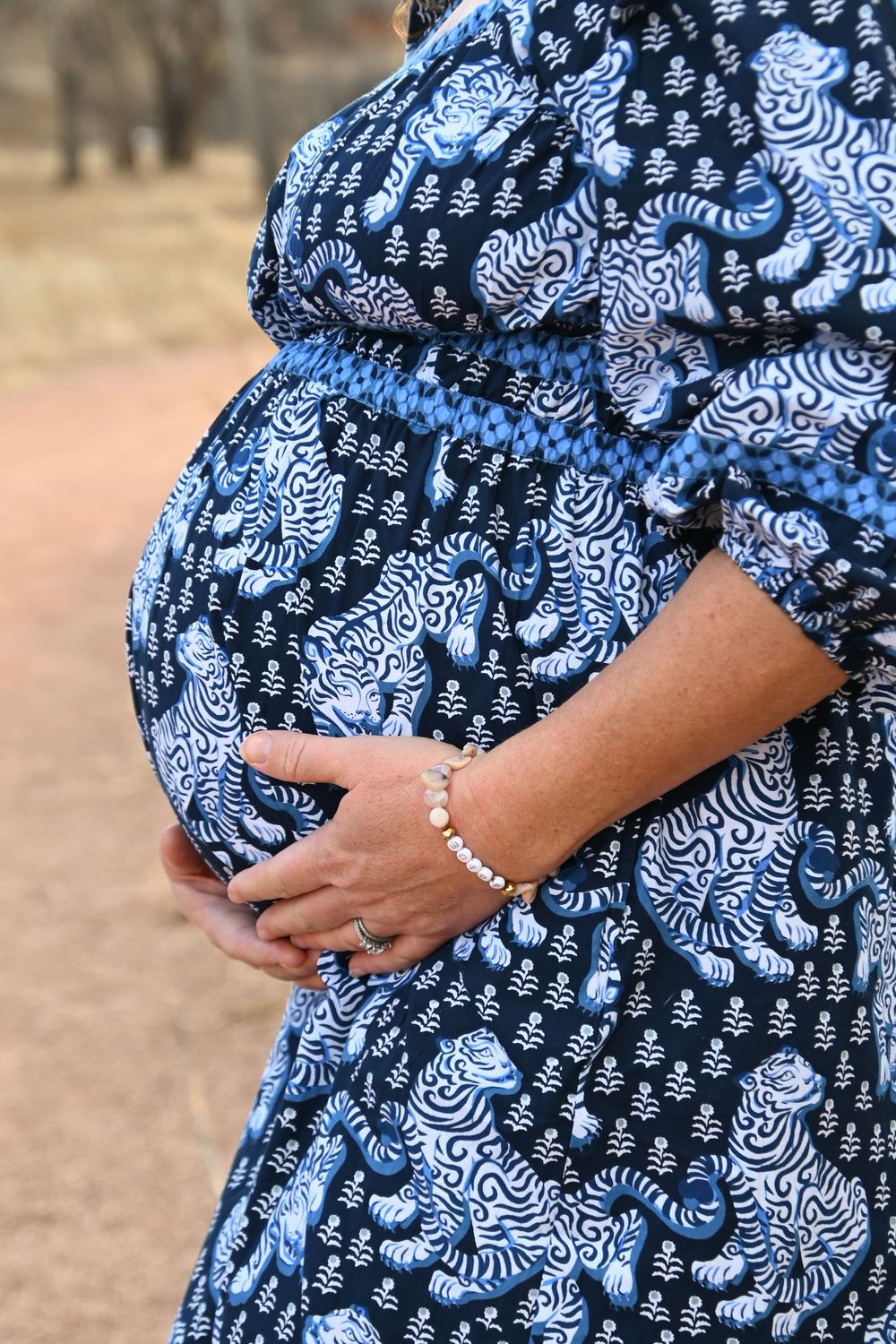 A pregnant belly shown in a blue and white patterned maternity dress against a natural outdoor background.