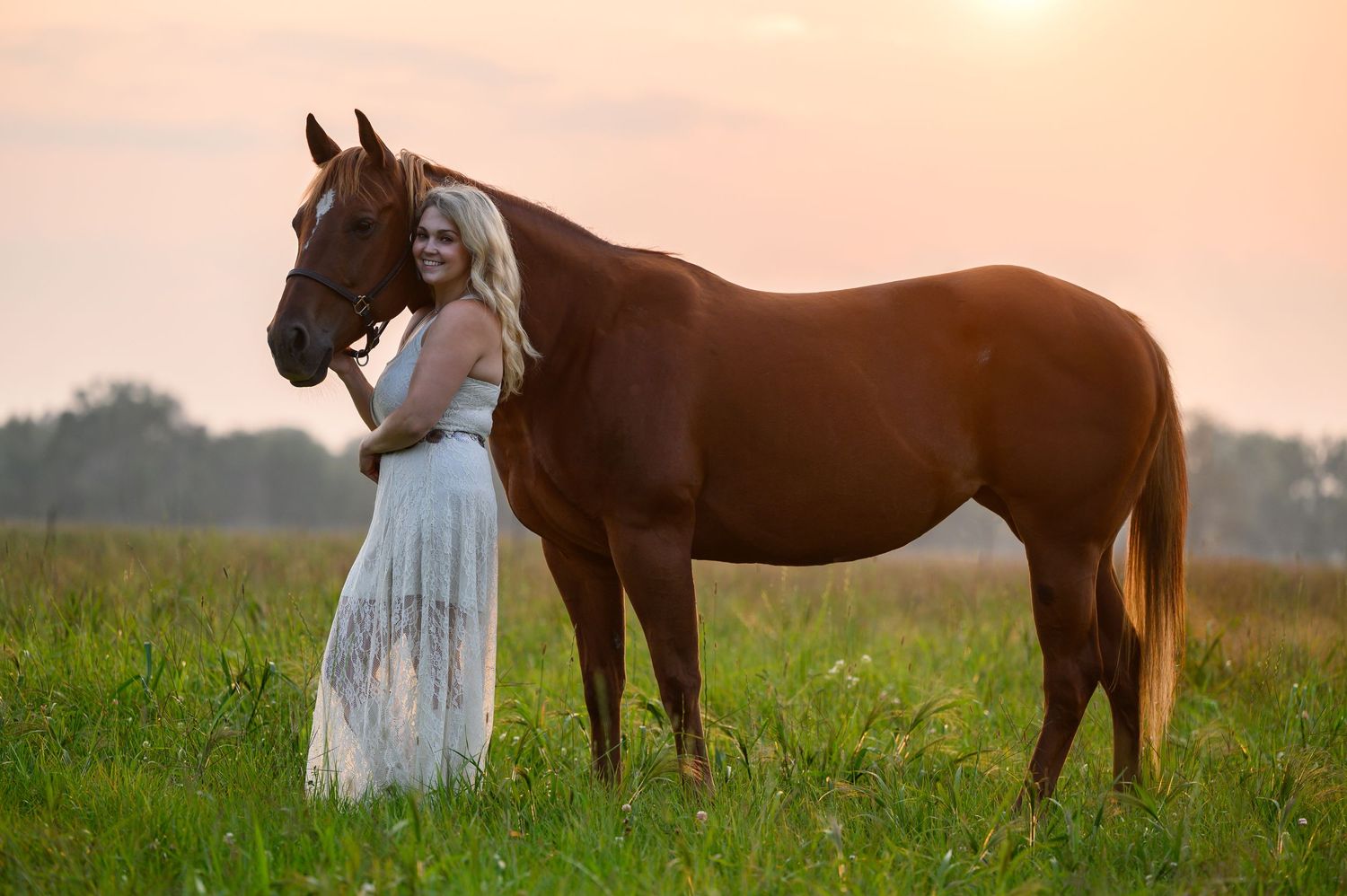Portrait of Girl and sorrel horse at sunset
