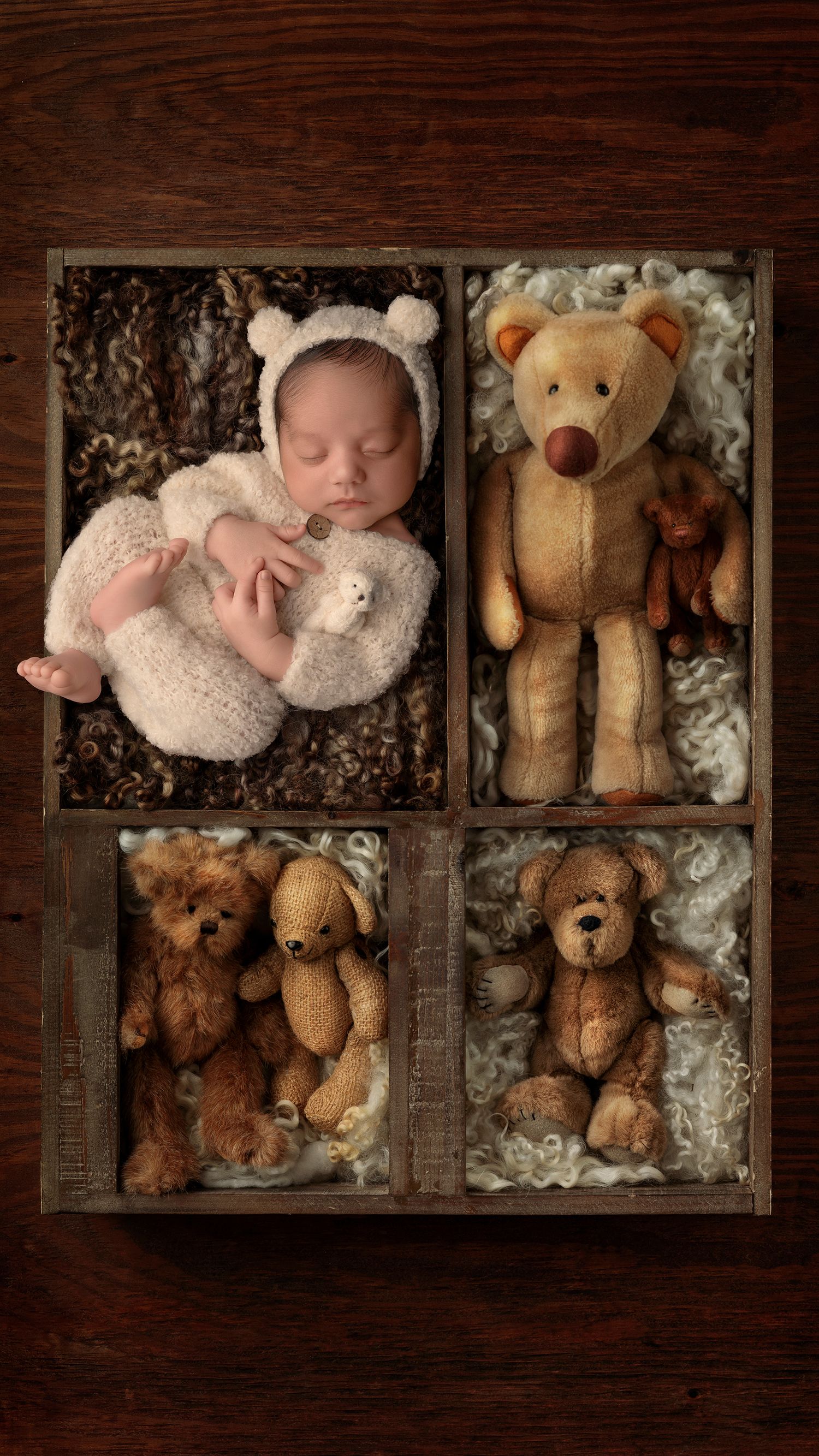 Curled-up 8-day-old newborn boy in a teddy outfit photographed in cosy studio setup in Hayes