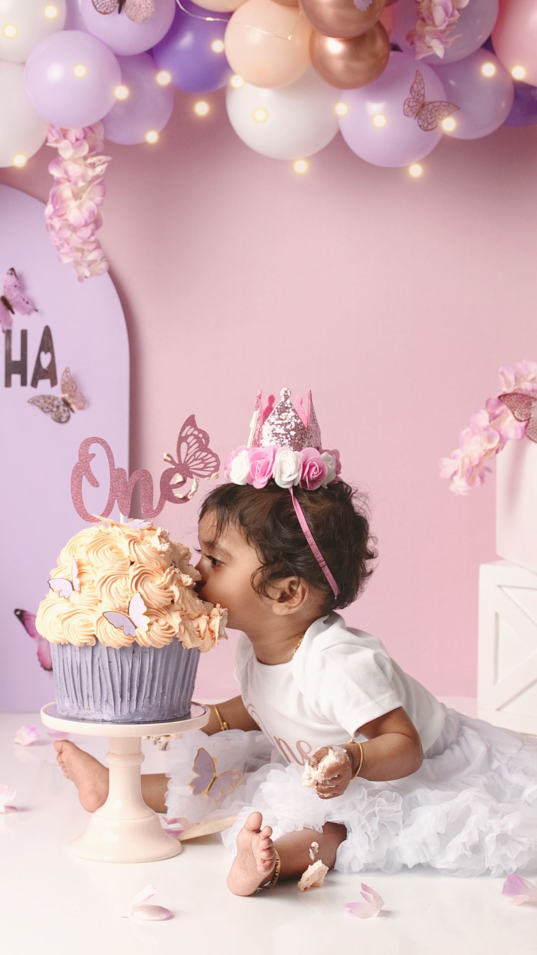 First birthday cake smash photoshoot with baby girl in Hayes, West London photography studio