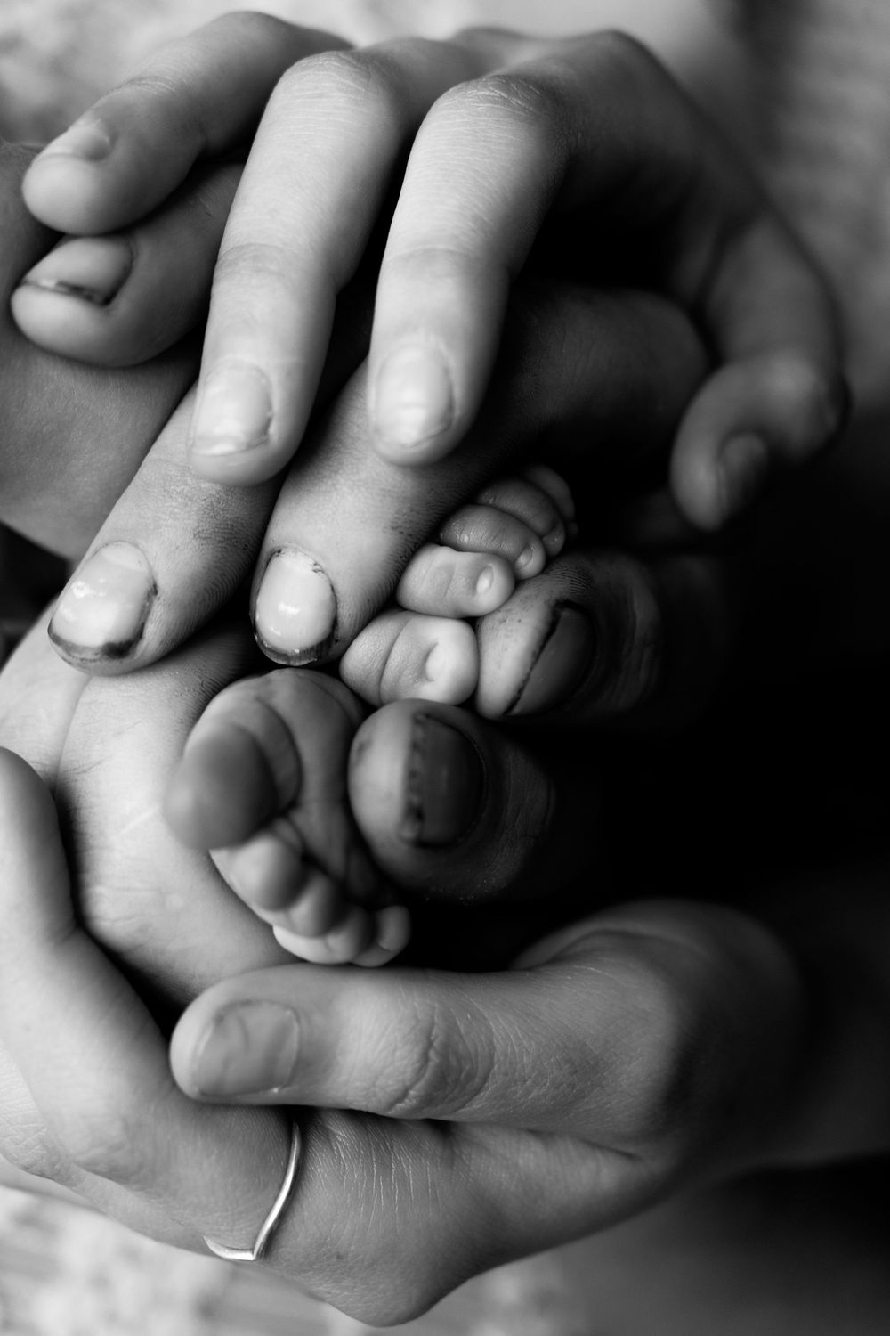Black and white close-up images of adult and baby hands tenderly touching in various poses.