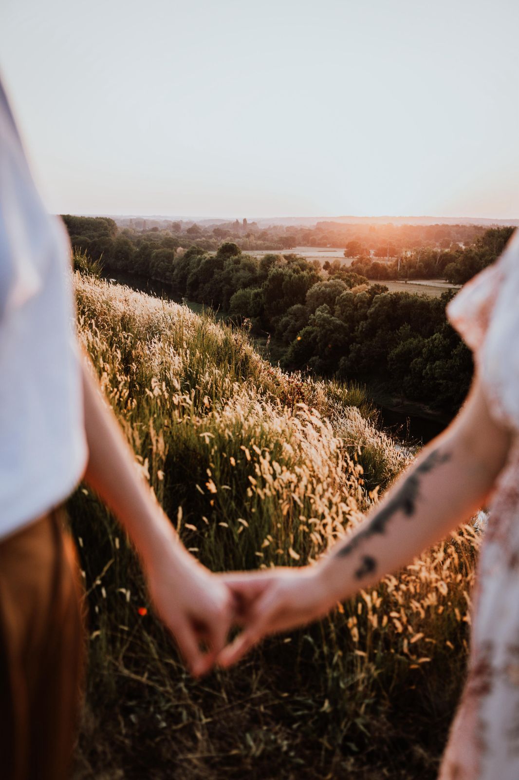 Hands forming a heart shape against a golden sunset over a field of tall grass and wildflowers.