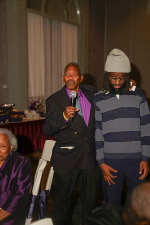 A sequence of candid moments from a social gathering shows people laughing and interacting at an indoor event.