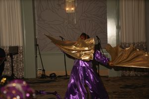 Dancers perform on stage in flowing purple costumes during an artistic contemporary dance performance.