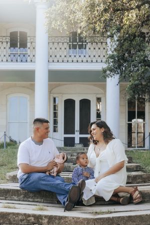 Three images on a white porch show a family relaxing and sharing tender moments outdoors together on a sunny day.