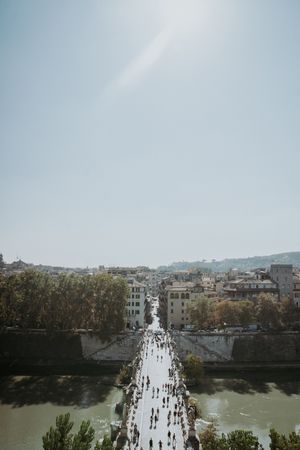 High up view of a walking bridge in Rome, Italy on a sunny day.