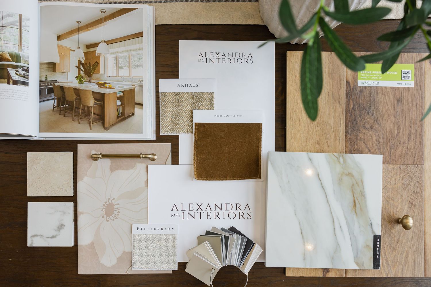 Design mood board with material samples and swatches in neutral tones.