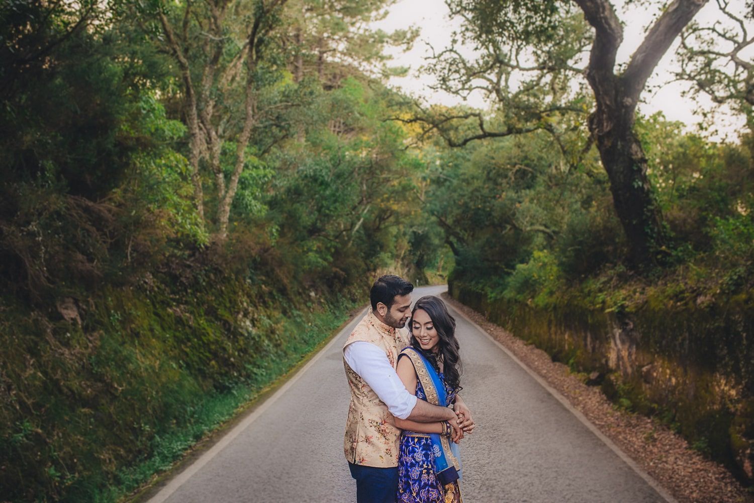 indian couple engagement session indian lehenga attire posing in Sintra for Destination indian wedding photographer in portugal