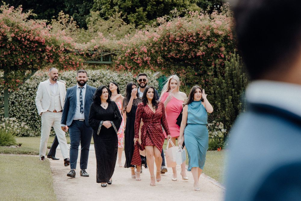 Wedding guests walking through a garden with blooming rose bushes.