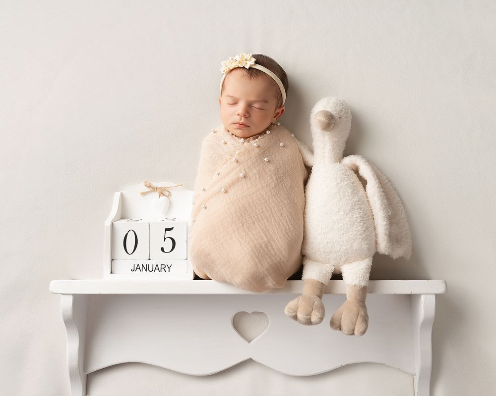 Newborn baby wrapped in cream knit on white shelf with date of birth date blocks and swan stuffed animal.