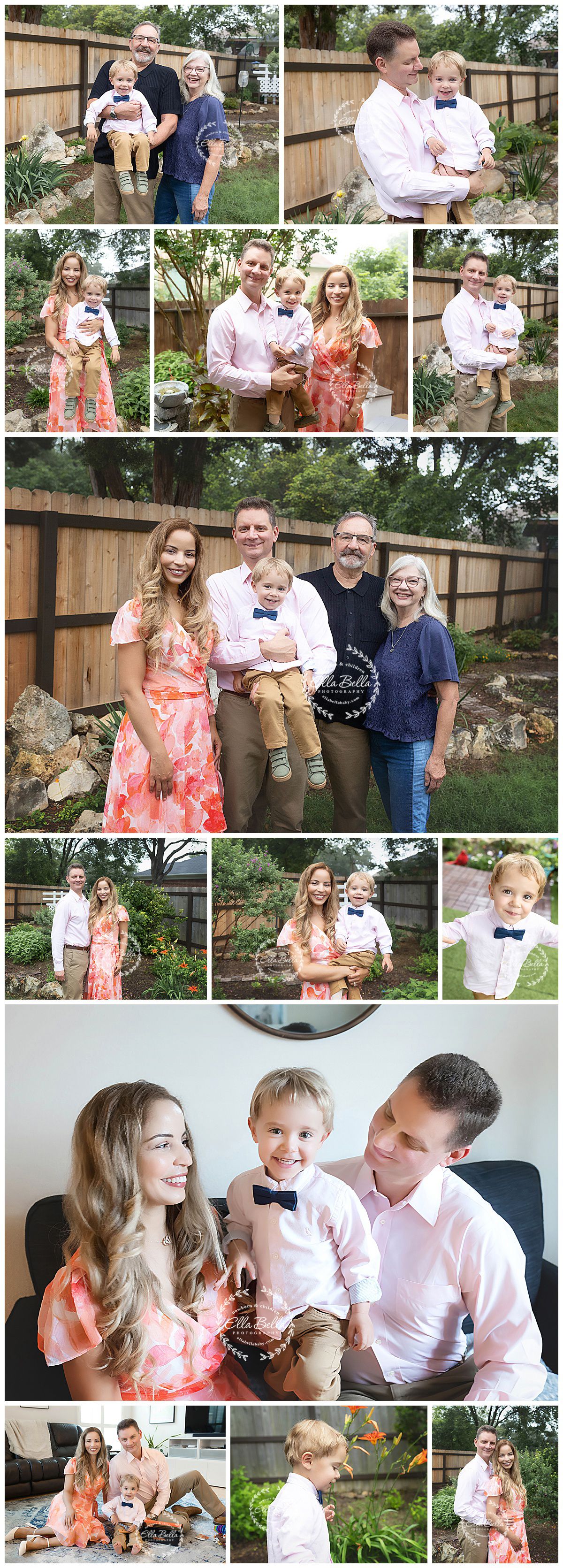 A collection of candid family portraits in coordinated pink and white outfits in a backyard garden setting.