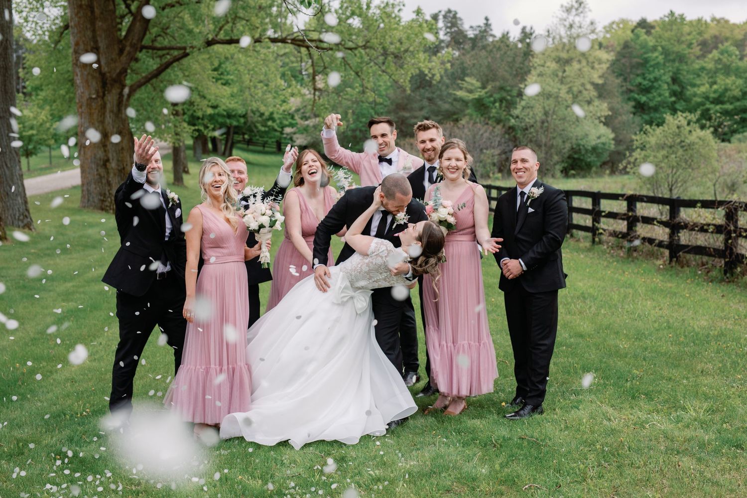 Bridal party throwing confetti as couple dips at Caledon Valley Estates - Katie Crane Photography