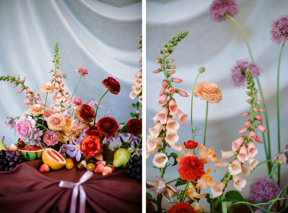 Split image of colorful floral arrangements with pink and coral blooms against white backdrop.