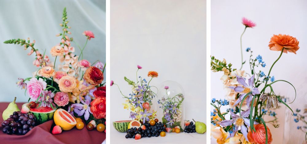 Triptych of floral arrangements featuring delicate blooms and fruit compositions in soft lighting.