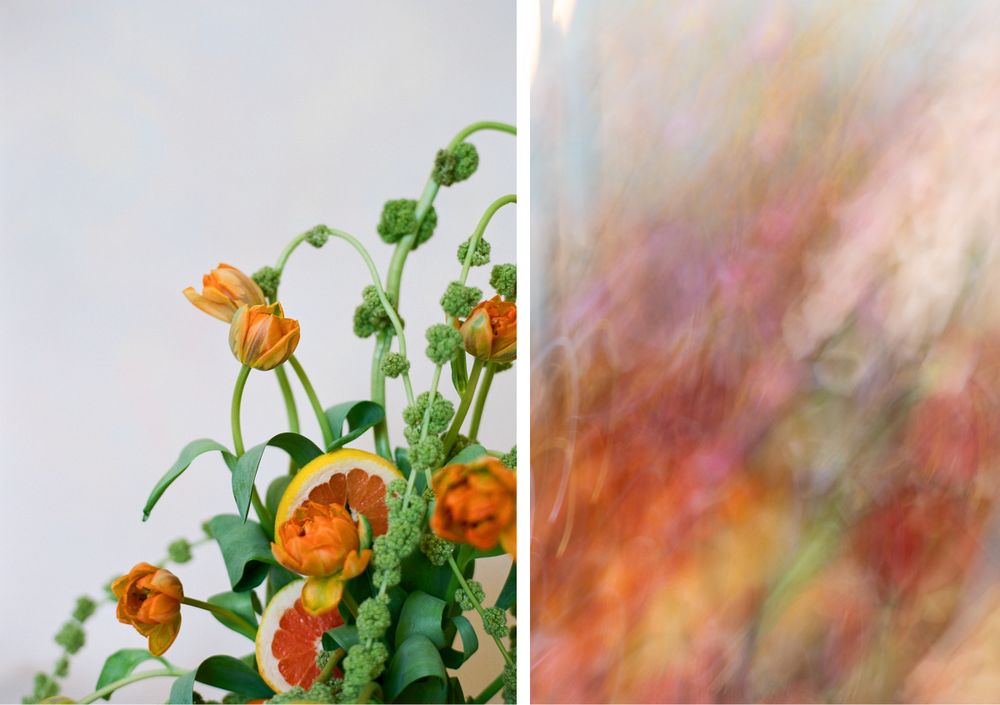 Split image of orange globe flowers with green stems next to an abstract blurred floral composition.
