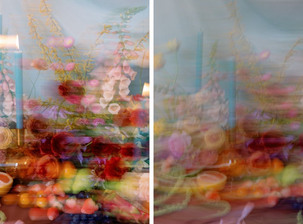 Artistic double exposure of colorful flowers creating a dreamy, abstract composition in pink and red tones.