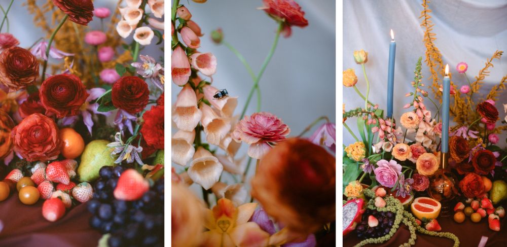 Triptych of romantic floral arrangements featuring roses, fruit, and delicate blooms with blue candles.