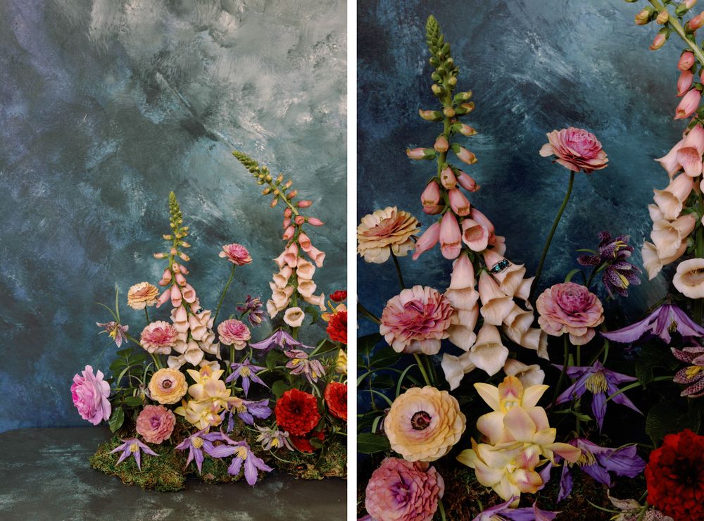 Split image of romantic floral arrangements featuring roses and foxgloves against dark moody backgrounds.