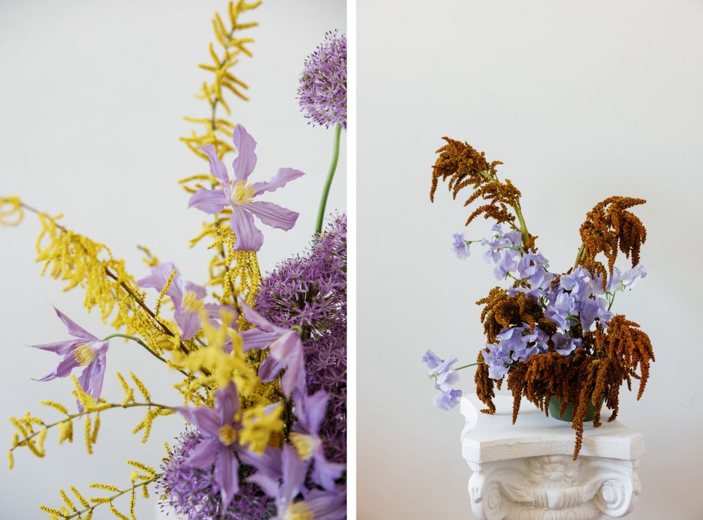 Split image showing yellow and purple flowers alongside dried brown blooms in a vase.