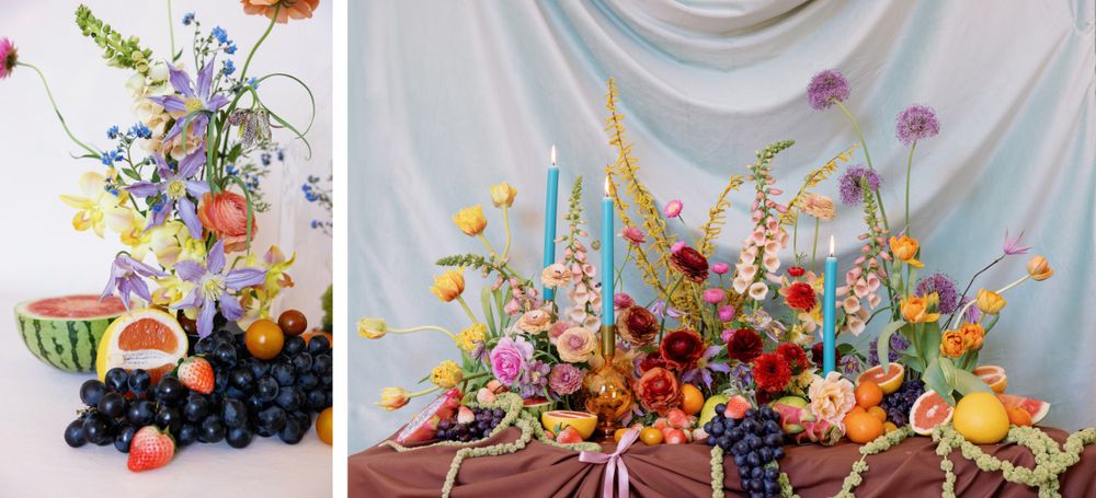 Two artistic still life compositions featuring fresh flowers, fruits, and candles against a light backdrop.