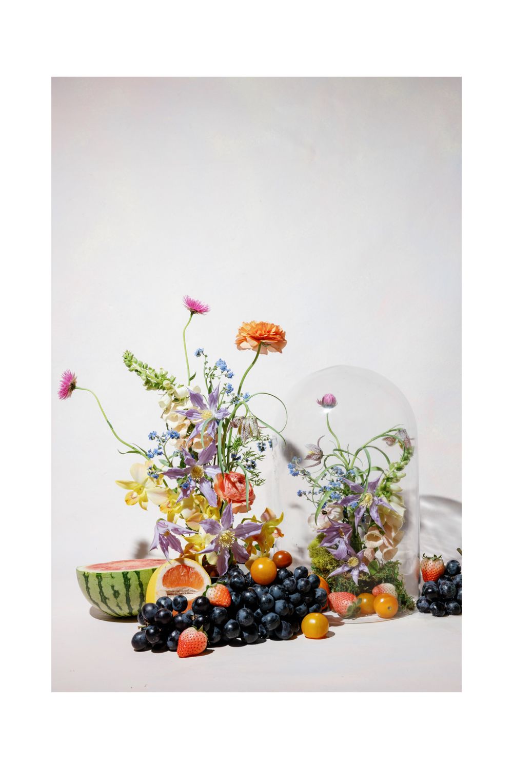 Minimalist floral arrangement with wildflowers and citrus fruits against clean white background.