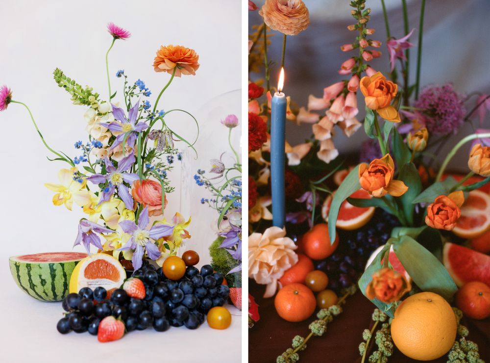 Side-by-side comparison of floral arrangements with fruits and blue candles in different lighting.