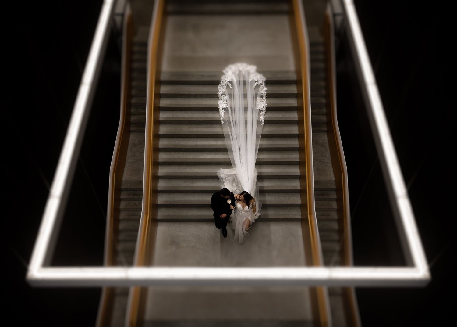 Overhead photo of a bride and groom on a grand staircase with a long lace veil and a square light, by Calgary wedding photographer Tkshotz