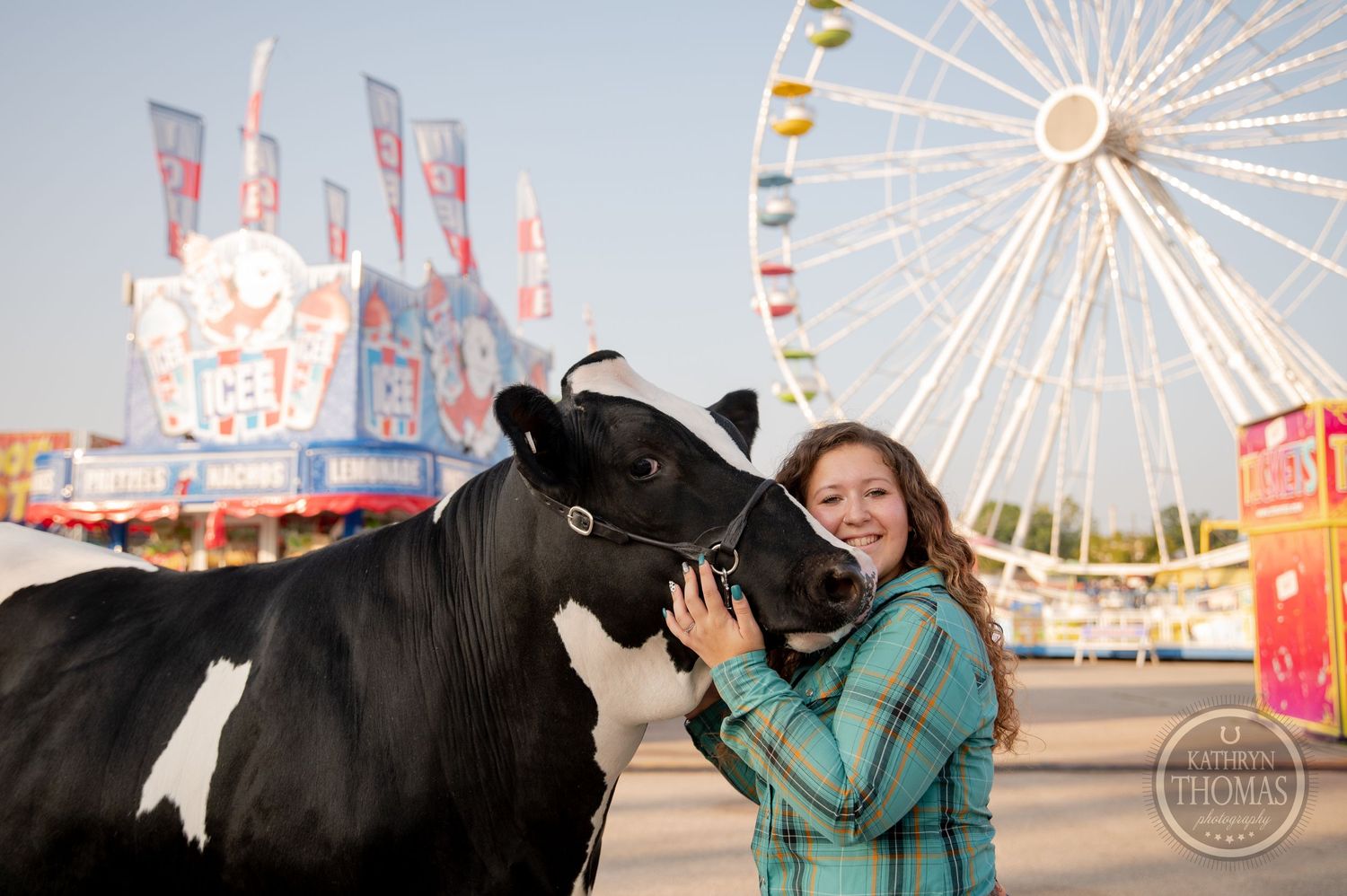 A dairy cow and handler share a tender moment in front of a ferris wheel at a county fair.