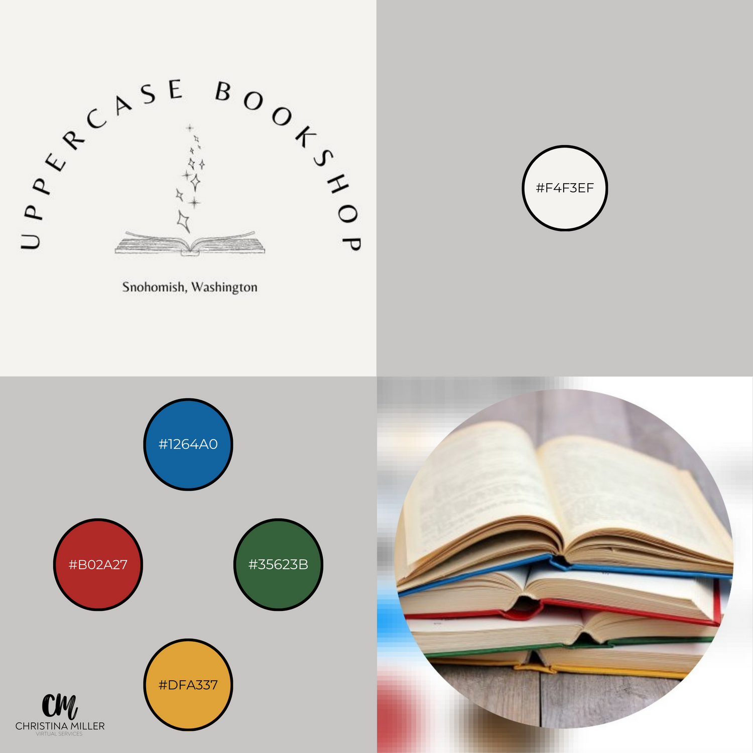 Brand identity design for Uppercase Bookshop featuring minimal book logo and color palette.