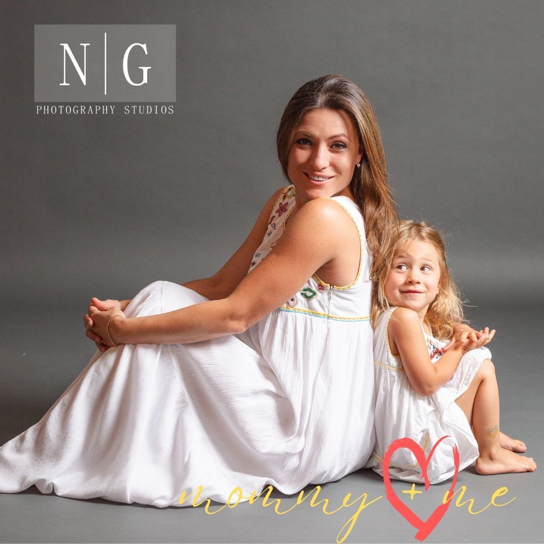 Studio portraits on grey background featuring white clothing and minimalist styling.
