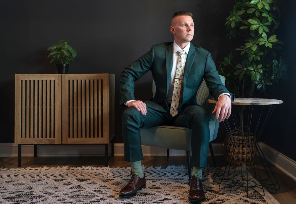 wedding portrait photo in a room with wooden bench and modern decor at Retreat 21 venue
