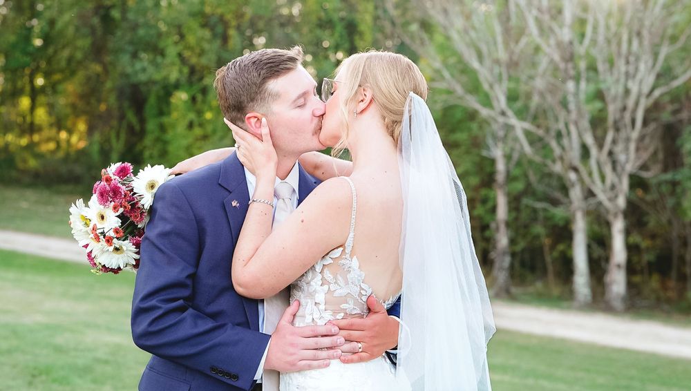 A romantic wedding photo collage showing five intimate moments between newlyweds in an outdoor garden setting.