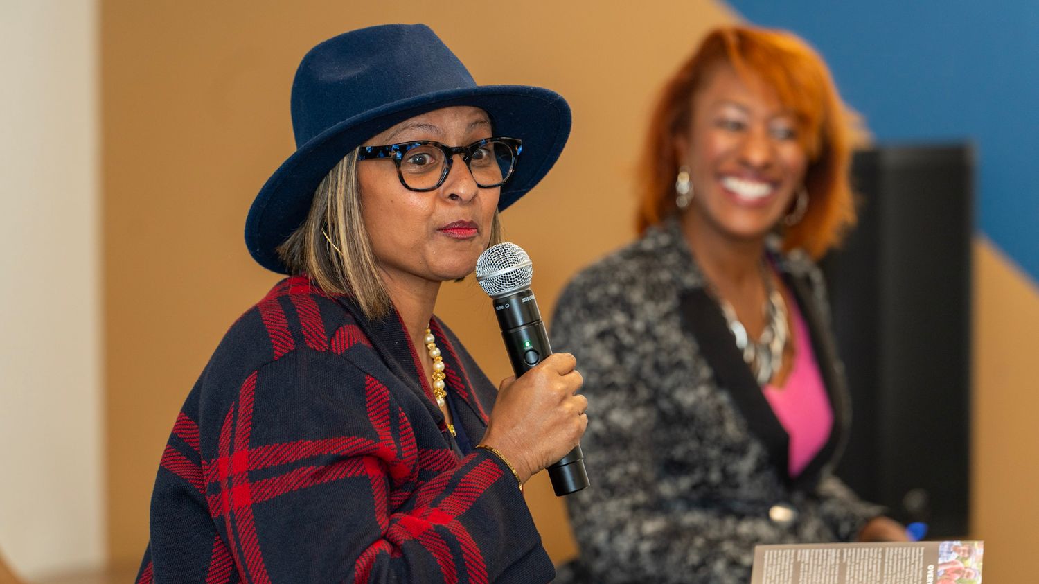 Panelists engage in discussion at professional event with woman in plaid and blue hat speaking.