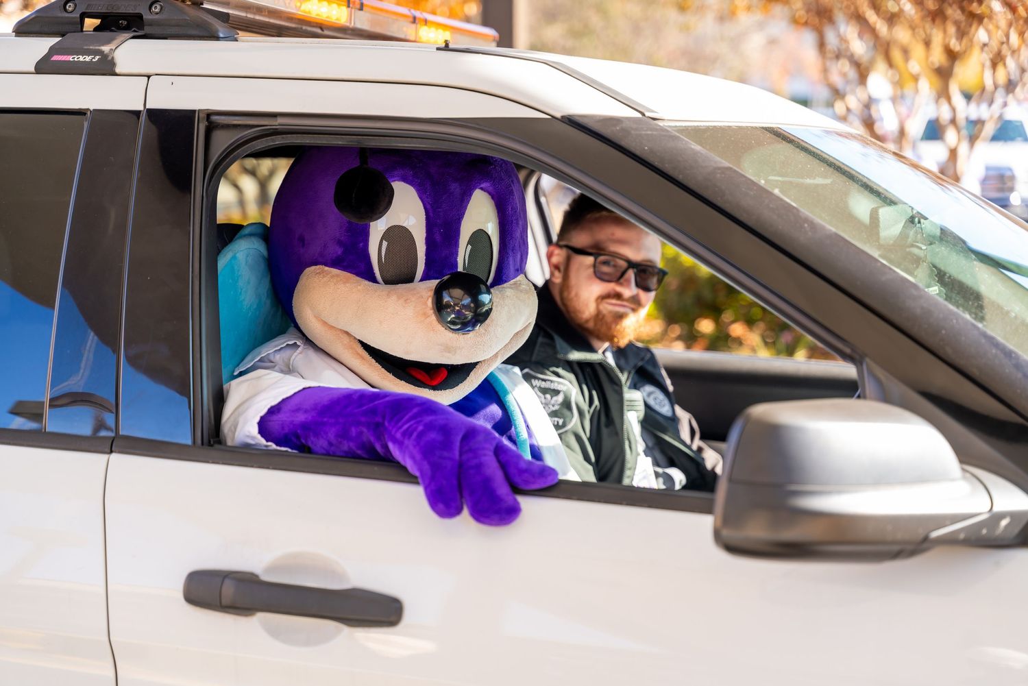 A large purple mascot character sits in the passenger seat of a car while someone drives on a sunny day.