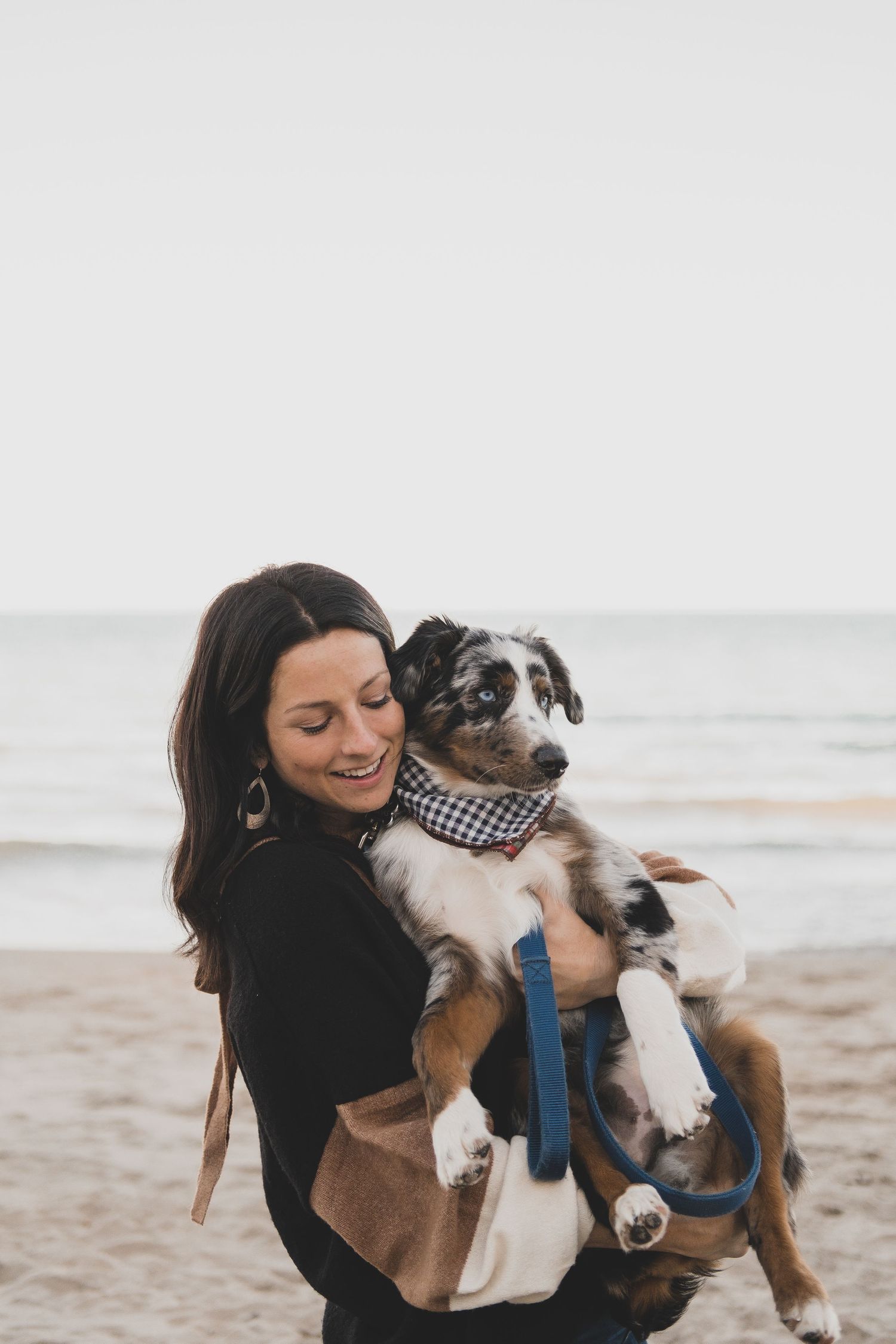 A heartwarming moment between someone in black and their small spotted dog at the beach.