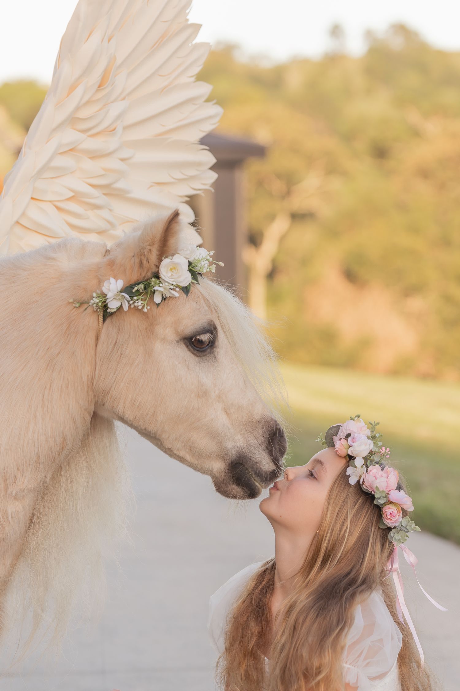 A white horse with angel wings wears a floral crown in a dreamy outdoor setting.