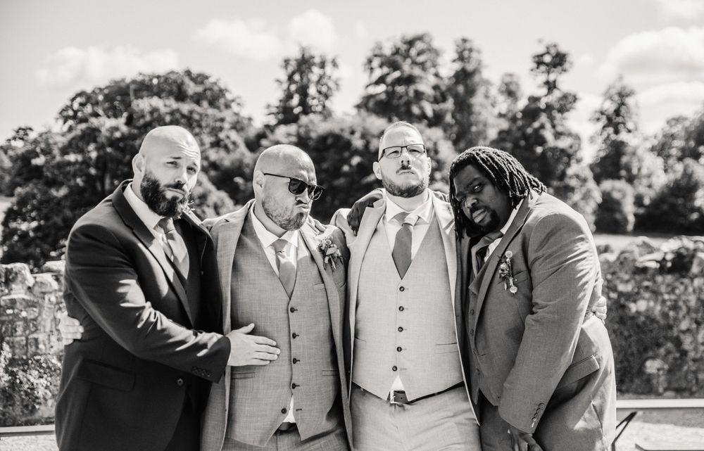 Groom party at Fonthill Estate Small barn wedding near lake. Wiltshire barn venue.
