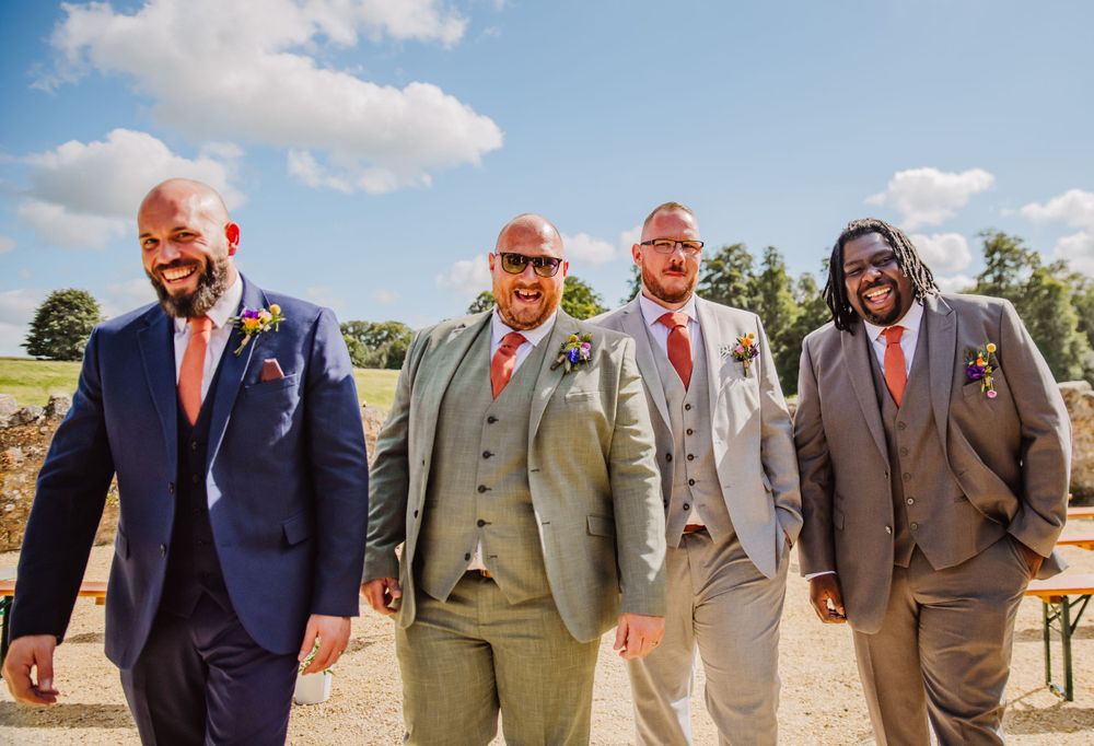 Groom party at Fonthill Estate wedding venue near Salisbury and Andover. Colourful  fun wedding photography  Wiltshire, Dorset, Devon, Somer