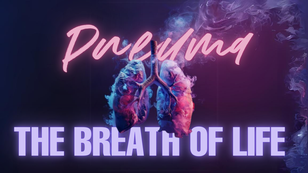 Neon pink text reading 'Pnuma The Breath of Life' against dark background with glowing heart.